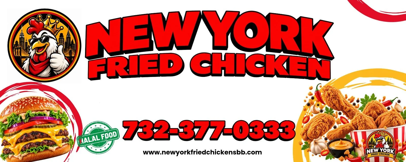 New York Fried Chicken sign with the rooster logo, a cheeseburger, a bucket of fried chicken and the phone number 732-377-0333