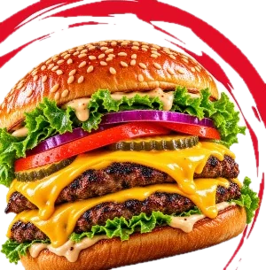 Double cheeseburger with lettuce, tomato, onion and pickles